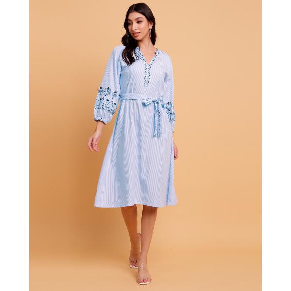 Blue stripe embroidered dress with detachable belt